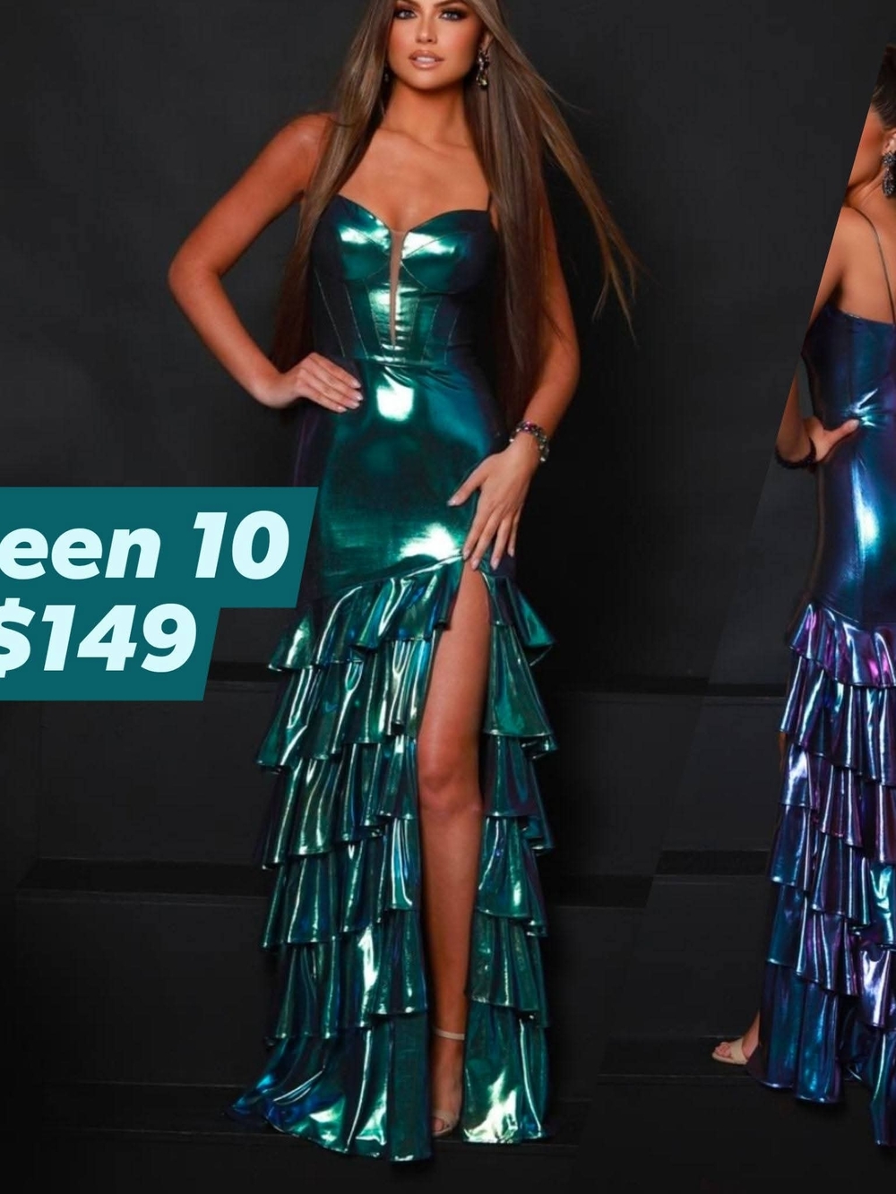 2 Cute Iridescent Green Mermaid Ruffle Gown